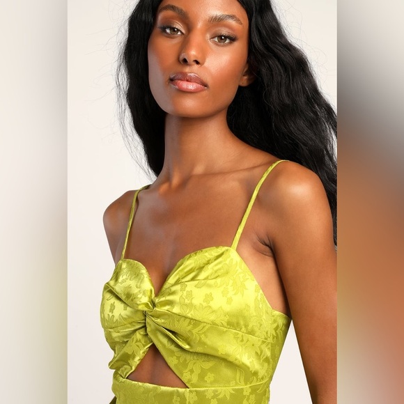 Put Me In a Trance Lime Green Satin Jacquard Cutout Mini Dress - Picture 10 of 13